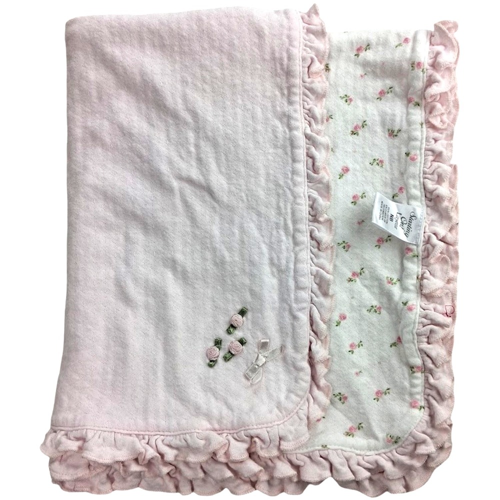 Starting Out Pink White Baby Girl Rose Blanket Cotton Flower Ruffled Edge
